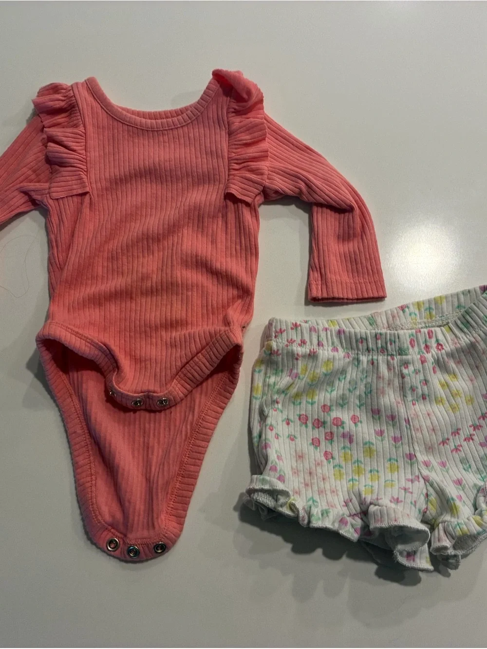 Carter's Pink Ribbed Ruffle Bodysuit with Floral Shorts